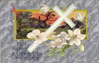 Glückwunsch Ostern, Weißes Kreuz, Weiße Blüten, Dämmerung