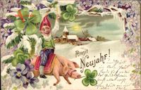Glückwunsch Neujahr, Zwerg reitet ein Schwein, Winteridylle