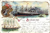 Hamburger Hafen, Dampfer Fürst Bismarck der HAPAG, Segelschiff Potosi um 1898