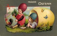Glückwunsch Ostern, Kinder bemalen Ostereier, Schmetterlinge