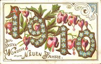 Glückwunsch Neujahr, Jahreszahl 1910, Blumen, Kitsch