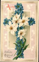 Glückwunsch Ostern, Kreuz aus Blumen, Kitsch