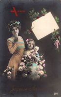 Glückwunsch Neujahr, Joyeuse Année, Mädchen mit Puppe, Frankreich