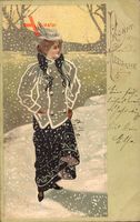 Glückwunsch Neujahr, Frau im Schnee, Winteridyll, Mantel