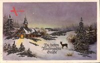 Glitzer Frohe Weihnachten, Kirche, Winteridyll, Reh, Schnee