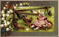 Glückwunsch Ostern, Mädchen mit Ostereiern, Hühner, Glockenblumen