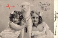 Glückwunsch Ostern, Zwei Mädchen, Lamm, Schleifen im Haar
