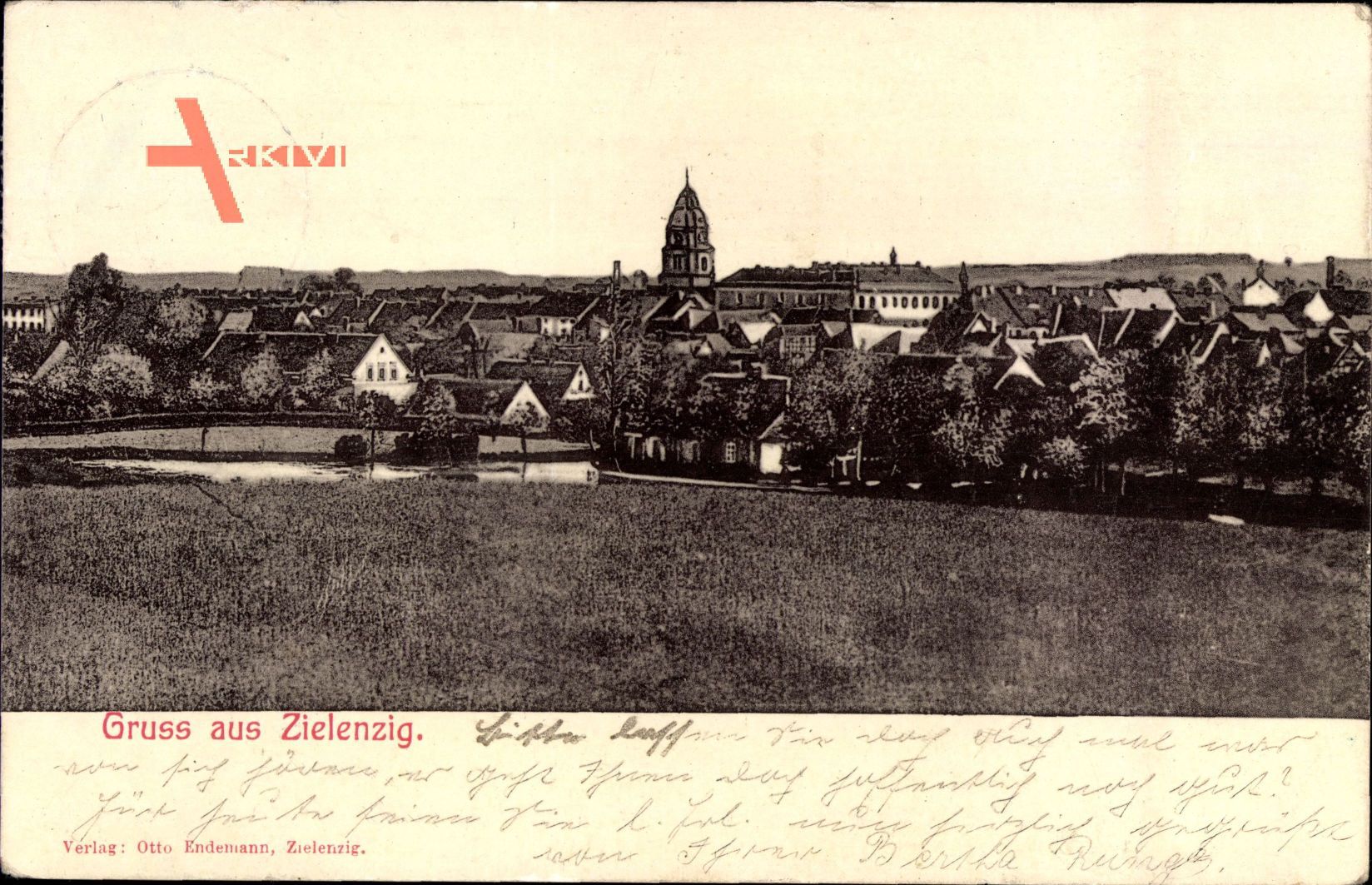 Zielenzig Sulecin Ostbrandenburg, Blick auf den Ort, Kirchturm, Feld