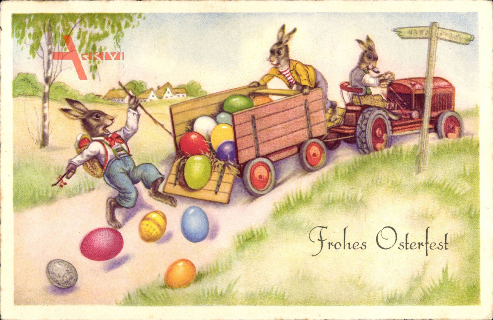 Glückwunsch Ostern, Ostereier fallen aus dem Anhänger, Traktor, Osterhasen
