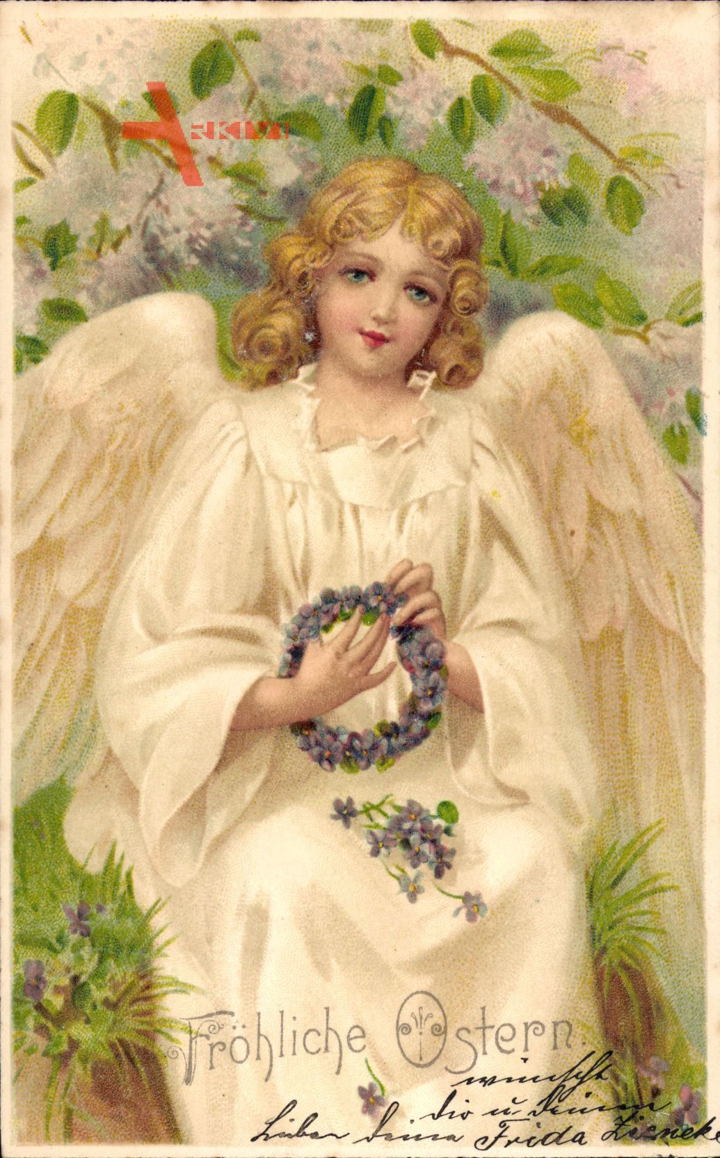 Glückwunsch Ostern, Engel mit Blumenkranz, Kitsch