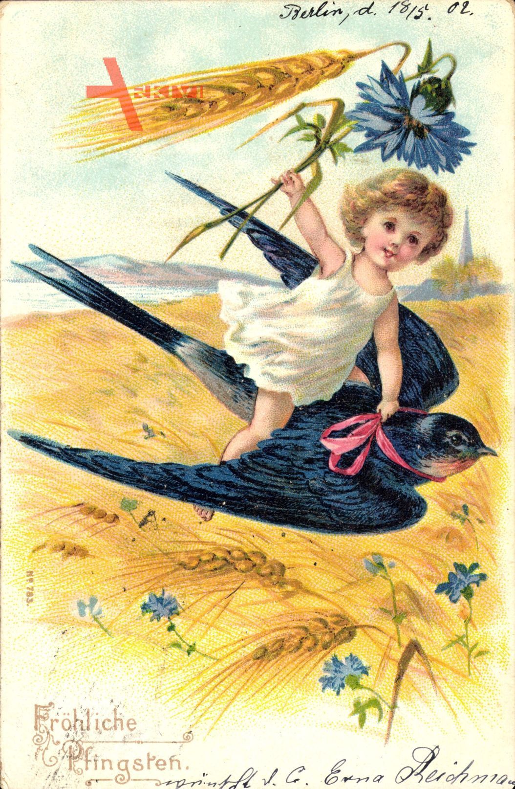 Glückwunsch Pfingsten, Kind fliegt auf einer Schwalbe, Weizenfeld