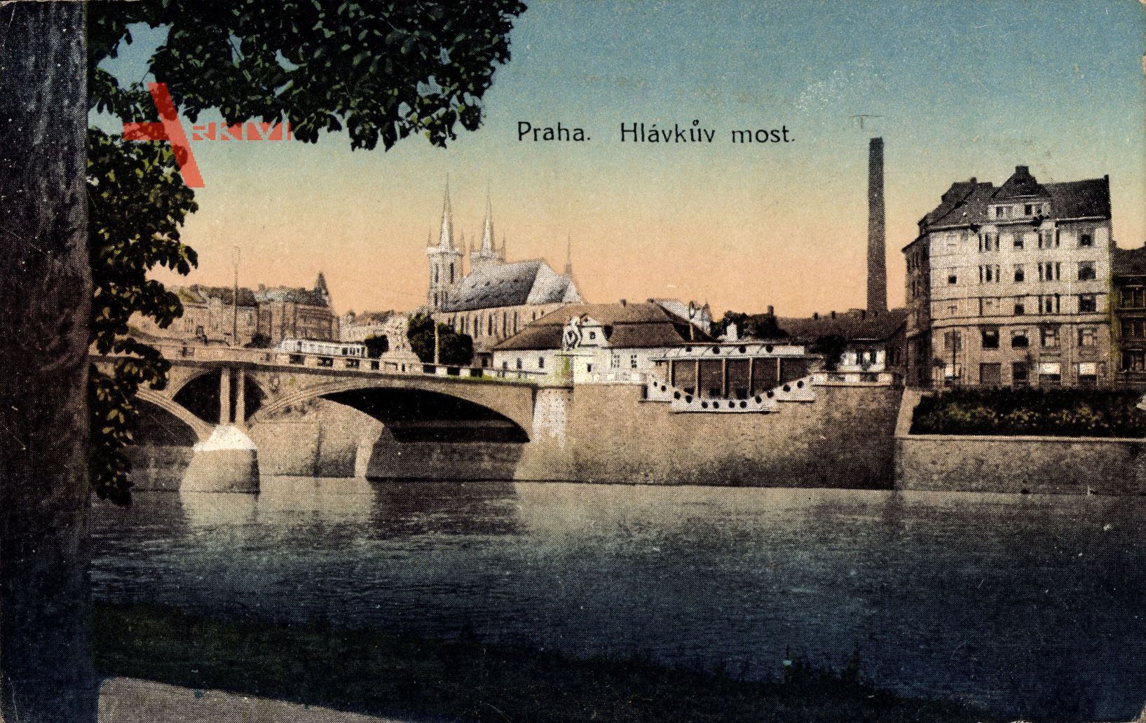 Praha Prag, Hlavkuv most, Flusspartie, Brücke, Kirche, Schornstein