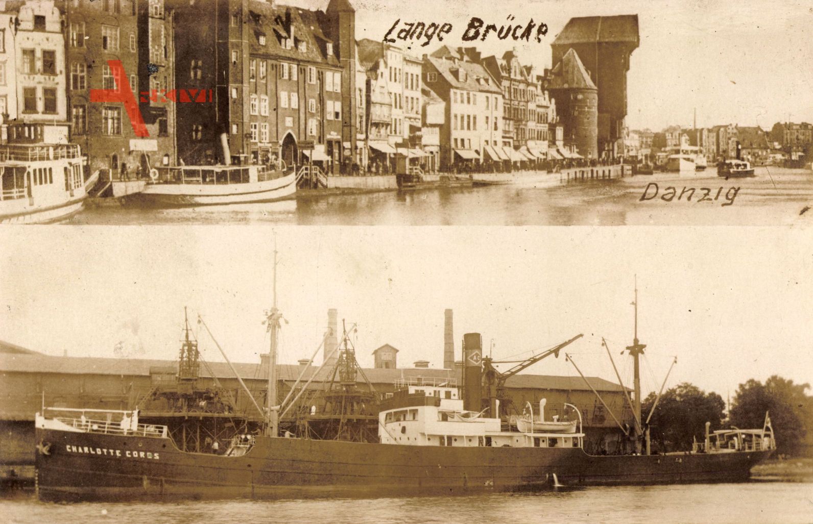 Gdańsk Danzig, Lange Brücke, Krantor, Dampfer Charlotte Cords