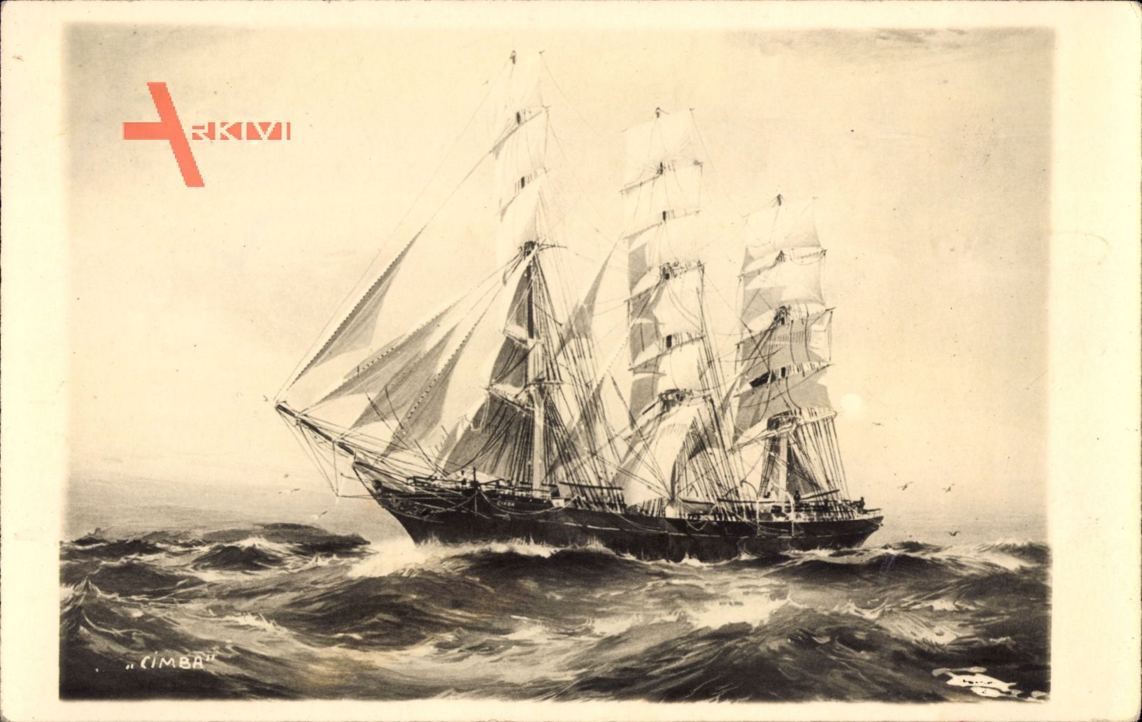 Spurling, Segelschiff Cimba, Dreimastbark, Sturm auf offenem Meer