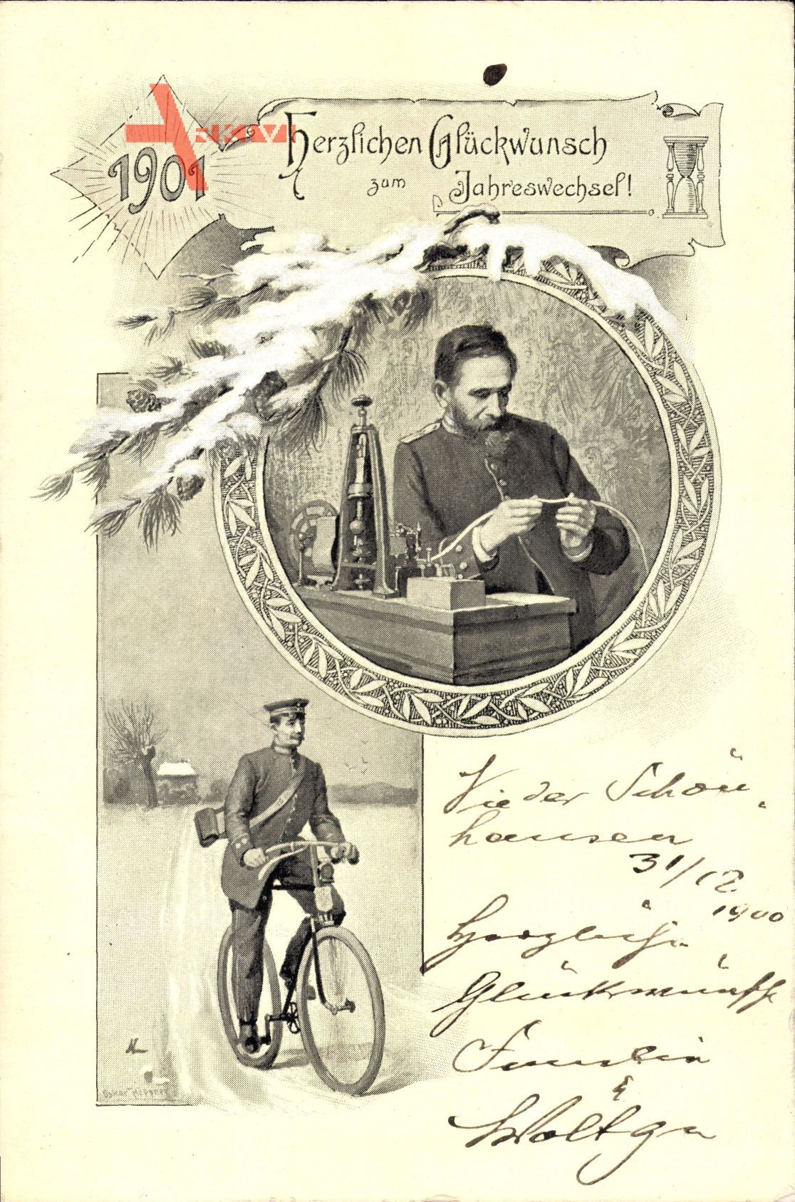 Glückwunsch Neujahr, Jahreszahl 1901, Telegraf, Postbote