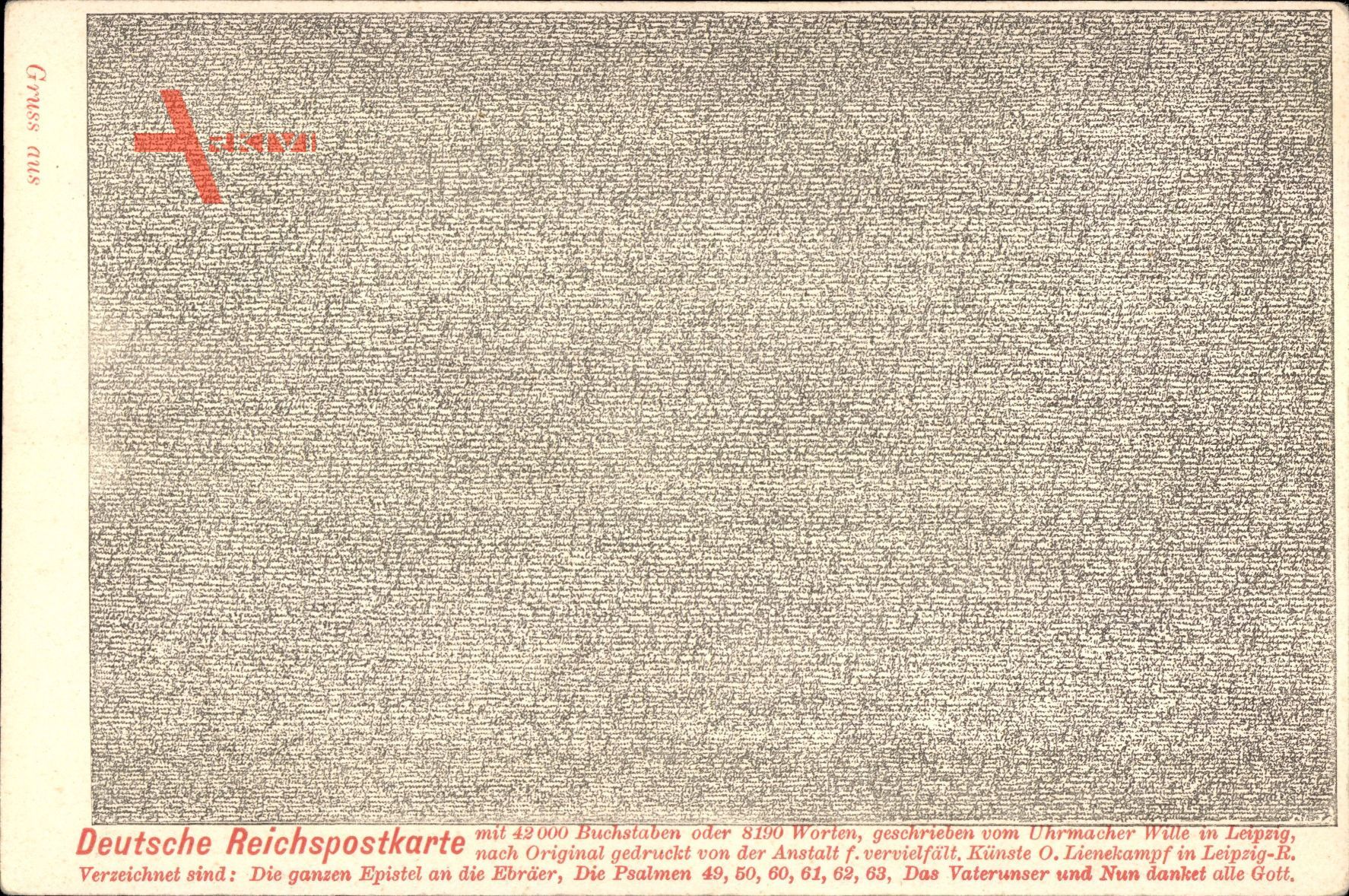 Deutsche Reichspostkarte, 42000 Buchstaben, Uhrmacher Wille in Leipzig