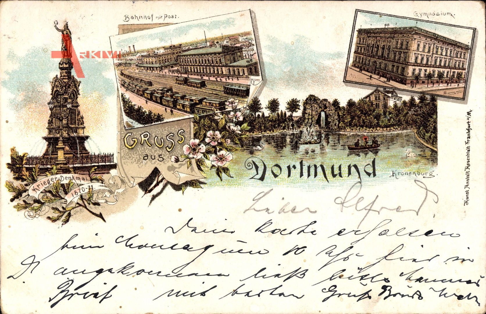 Dortmund, Kriegerdenkmal,Bahnhof mit Post, Gymnasium