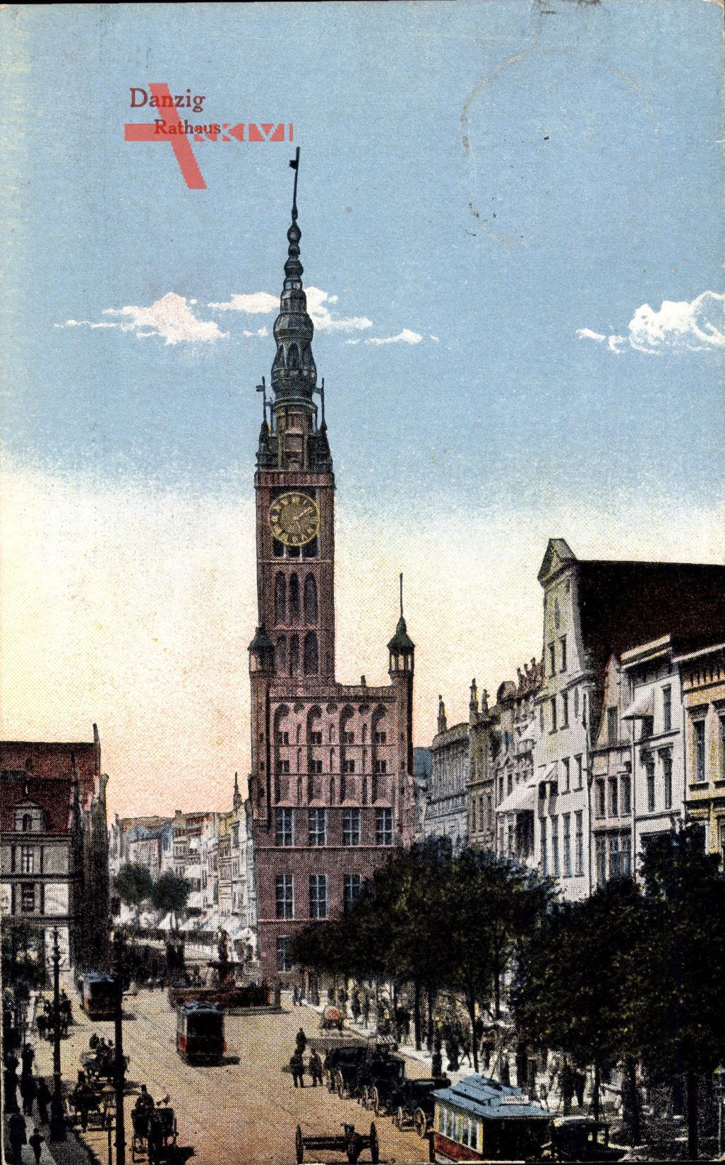 Gdańsk Danzig, Straßenpartie mit Blick auf das Rathaus, Straßenbahnen