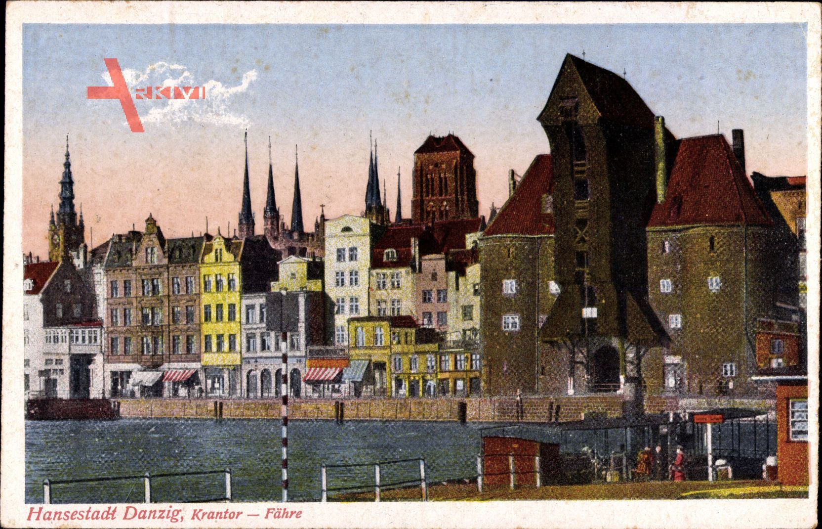 Gdańsk Danzig, Blick auf das Krantor und Fähre, Flusspartie, Häuser