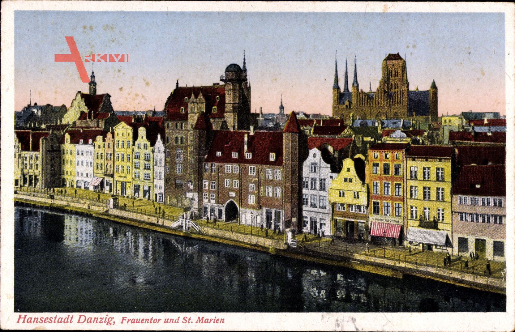 Gdańsk Danzig, Blick auf das Frauentor und Kirche St. Marien, Flusspartie
