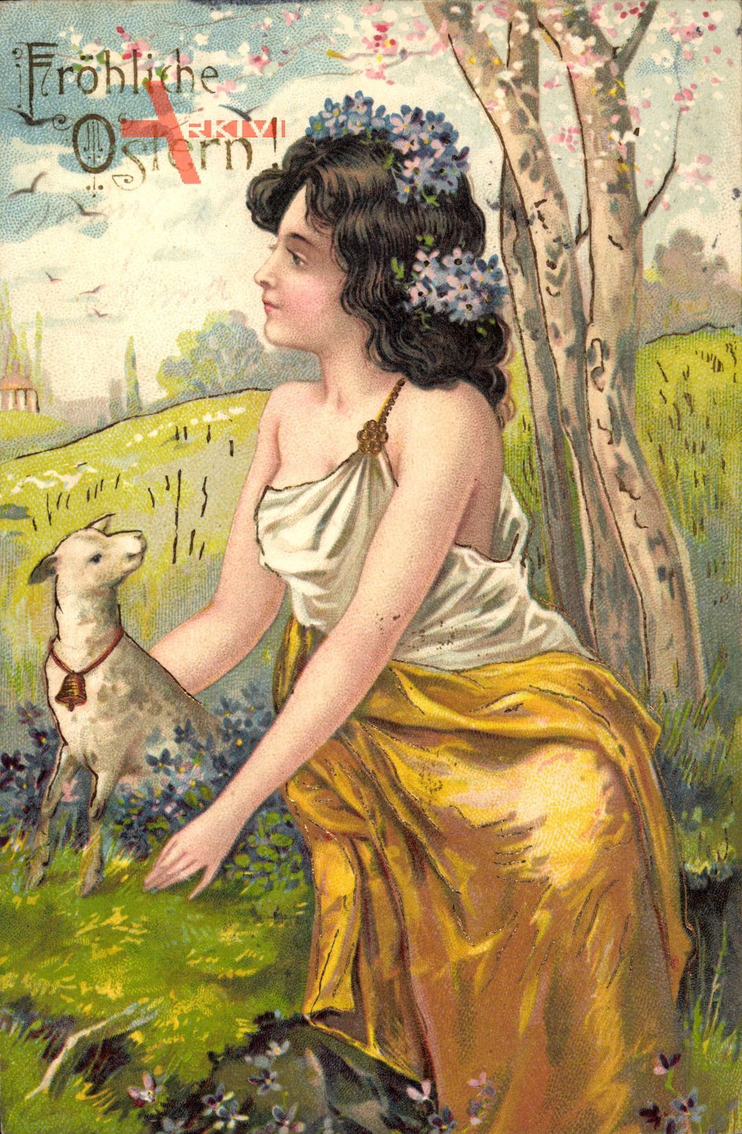 Fröhliche Ostern, Frau mit Blumen im Haar, Lamm, Wiese
