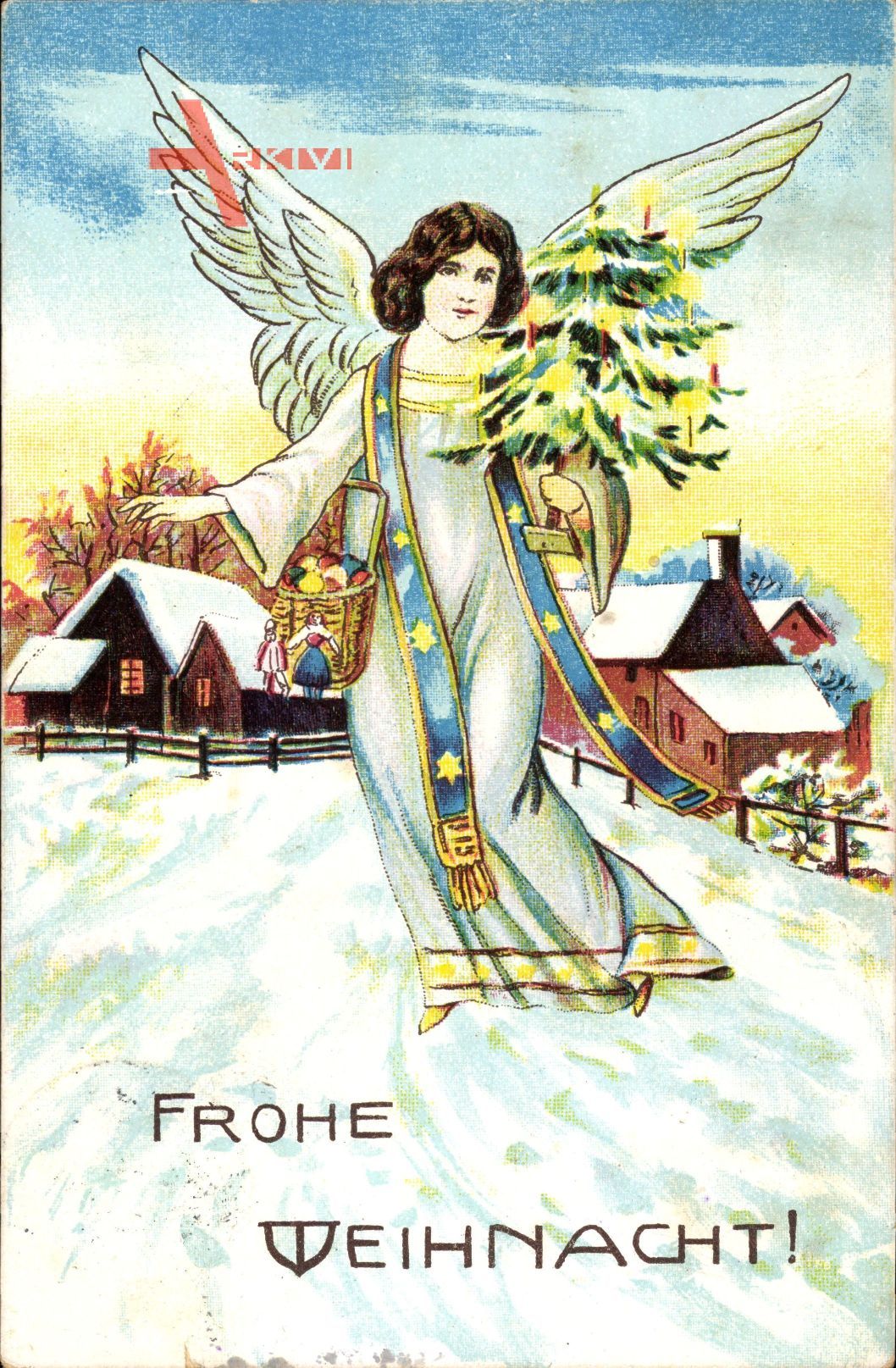 Glückwunsch Weihnachten, Engel mit Weihnachtsbaum, Schnee, Häuser