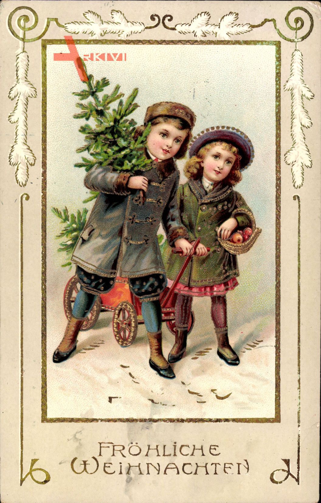 Passepartout Glückwunsch Weihnachten, Junge und Mädchen mit Tanne
