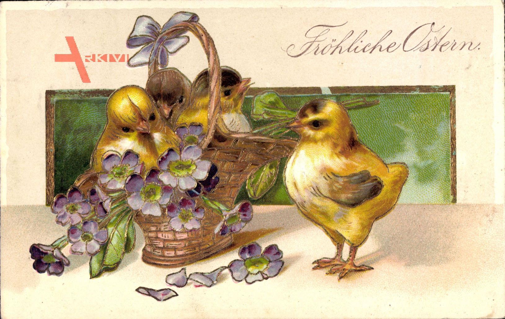 Glückwunsch Ostern, Drei Küken in einem Korb mit Blumen