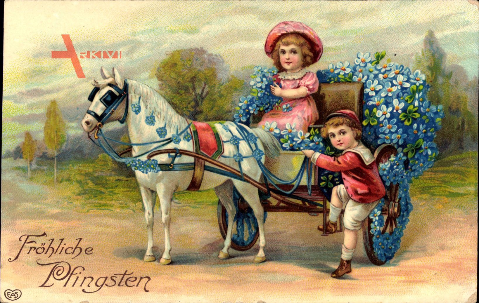 Glückwunsch Pfingsten, Mit Blumen geschmückte Kutsche, Kinder