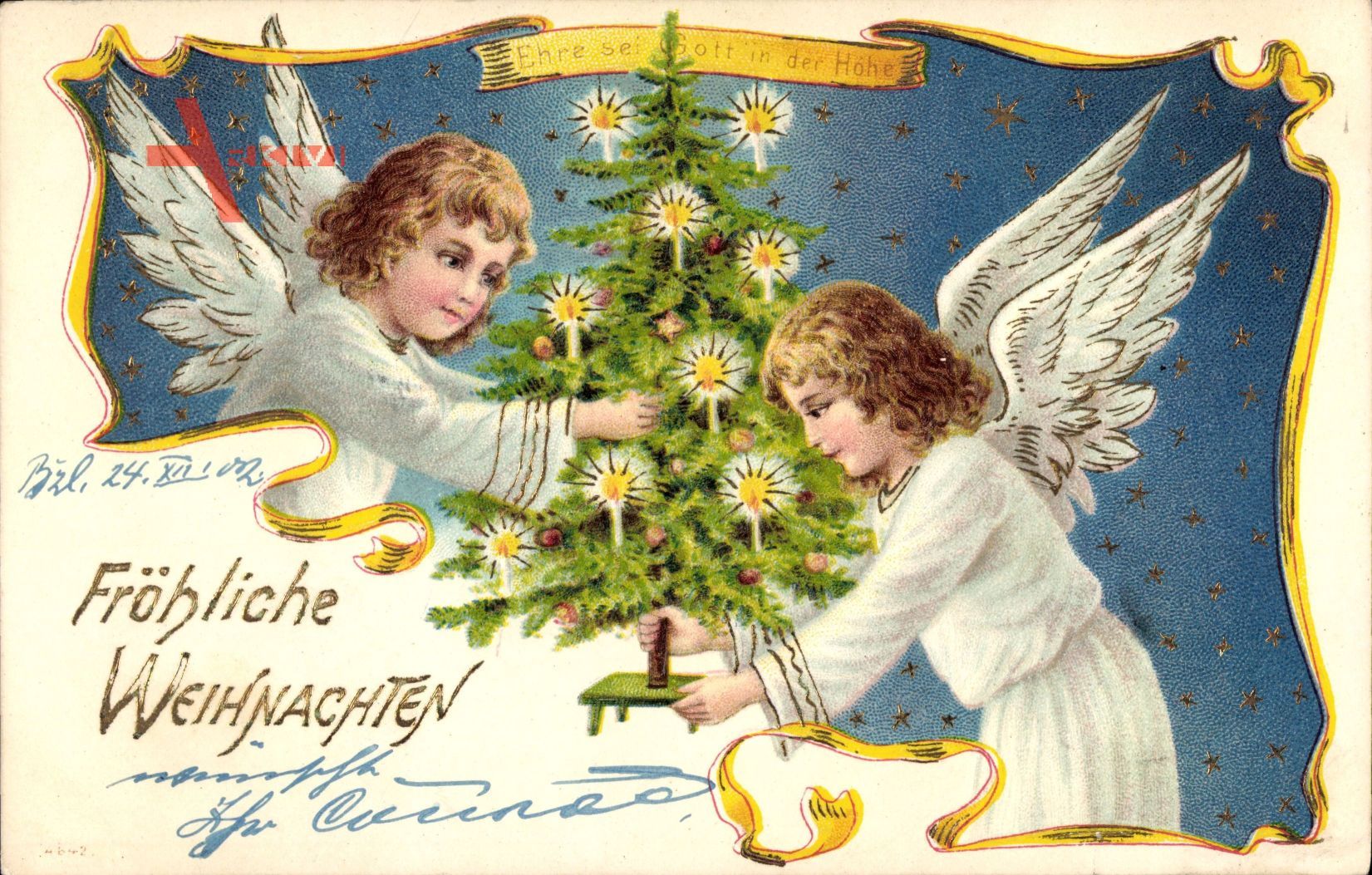 Glückwunsch Weihnachten, Zwei Engel schmücken den Weihnachtsbaum