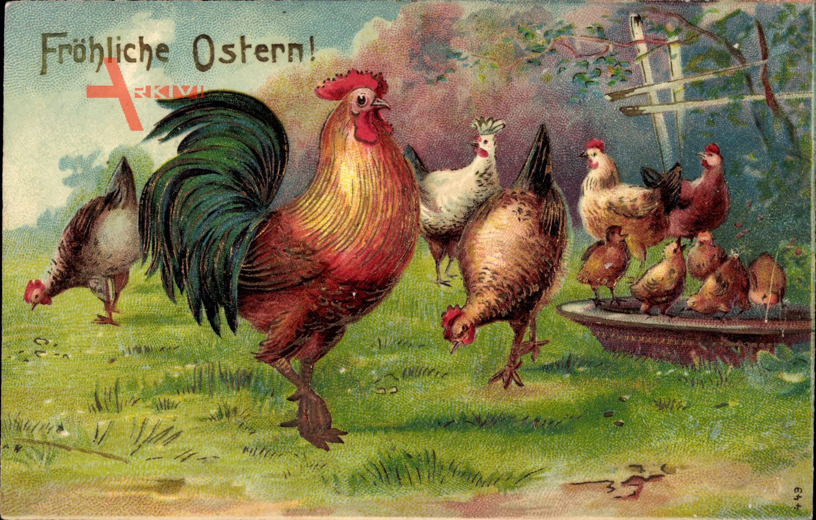 Glückwunsch Ostern, Hühner, Hahn, Küken