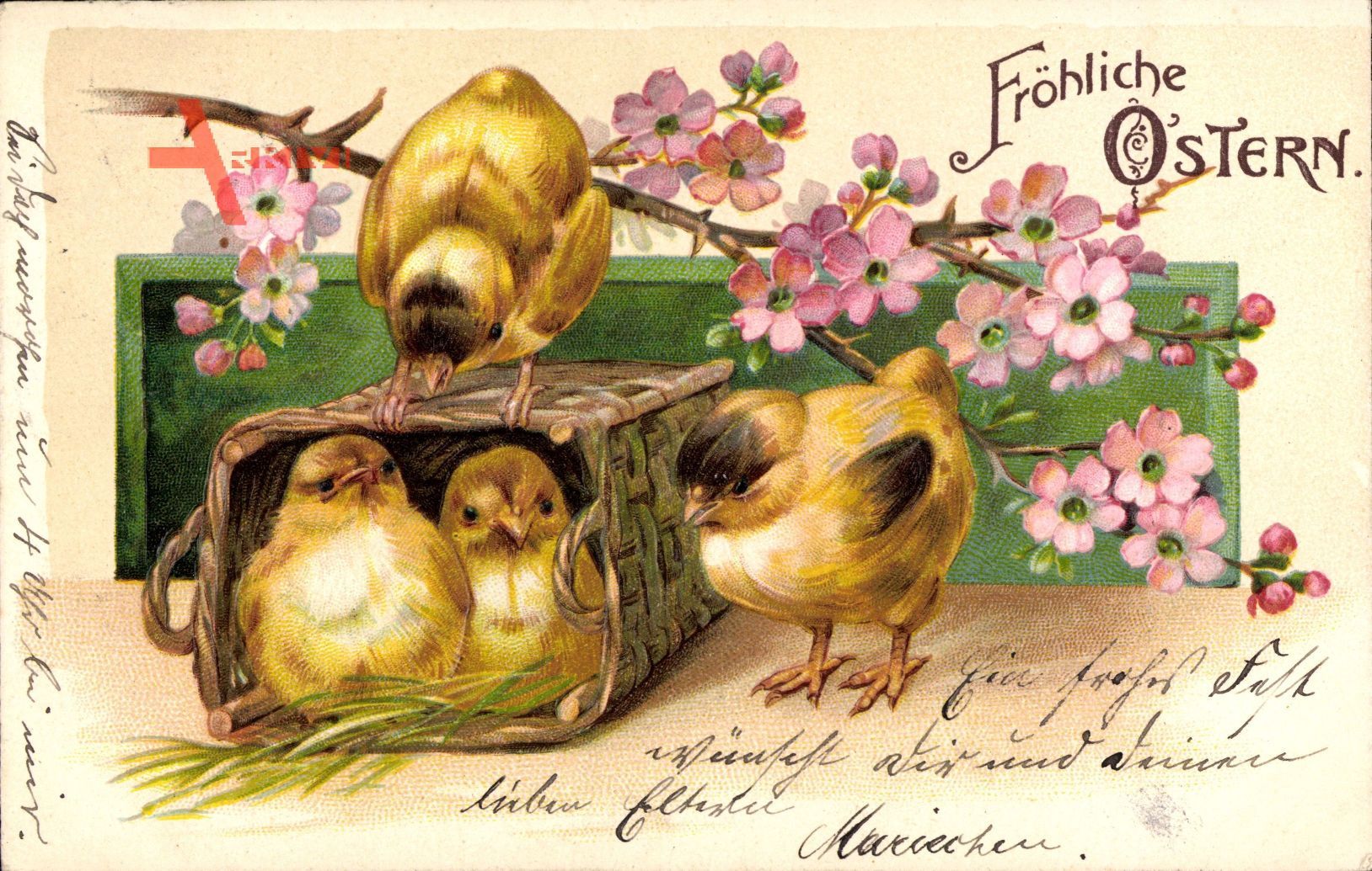Glückwunsch Ostern, Zwei Küken sitzen in einem Korb, Blütenzweig