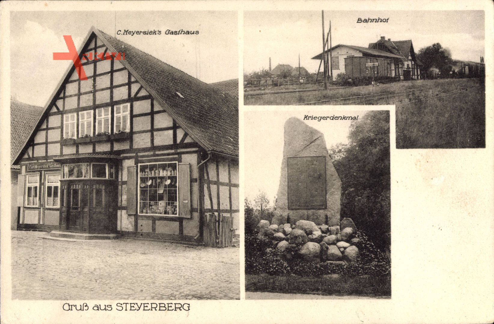 Steyerberg, Bahnhof, Kriegerdenkmal, Meyersieks Gasthaus