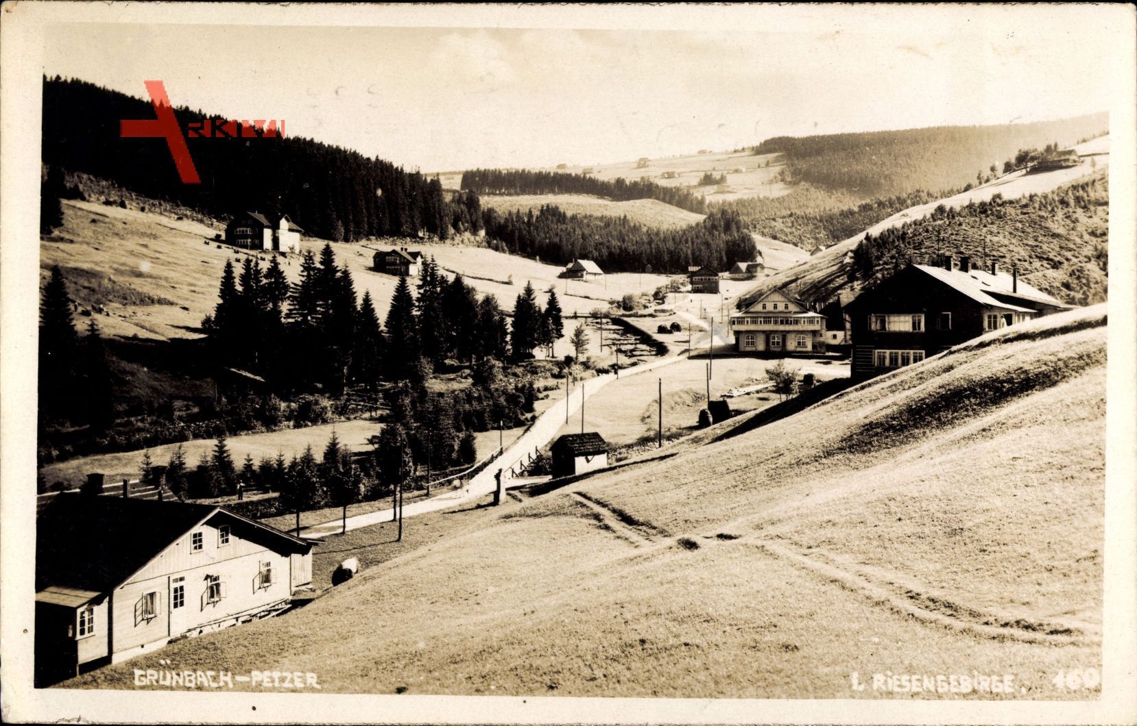 Grünbach Petzer Reg. Königgrätz, Riesengebirge, Blick auf den Ort
