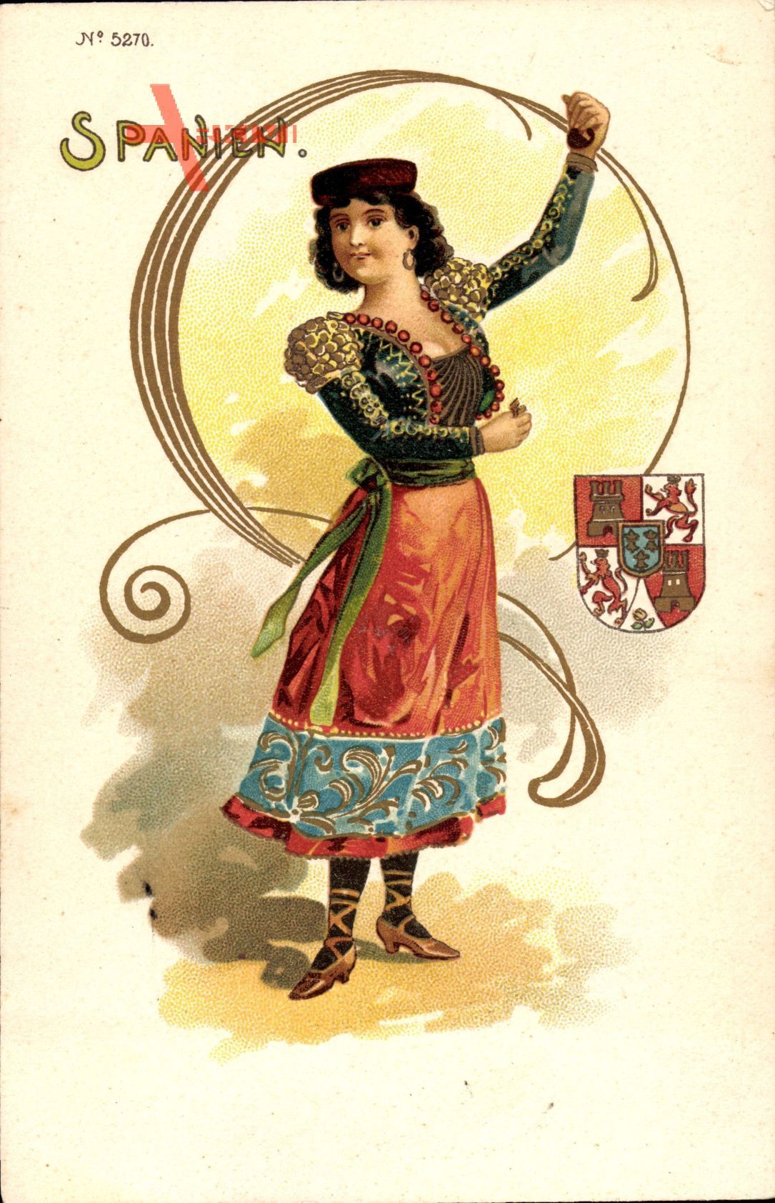 Wappen Spanien, Junge Frau in spanischer Tracht, Kastagnetten