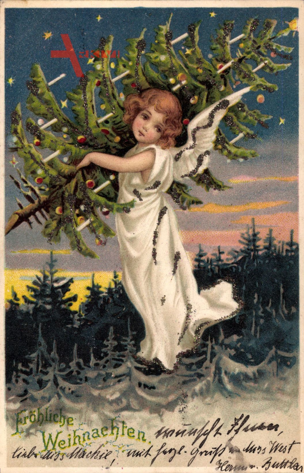 Glitzer Glückwunsch Weihnachten, Engel mit geschmücktem Weihnachtsbaum