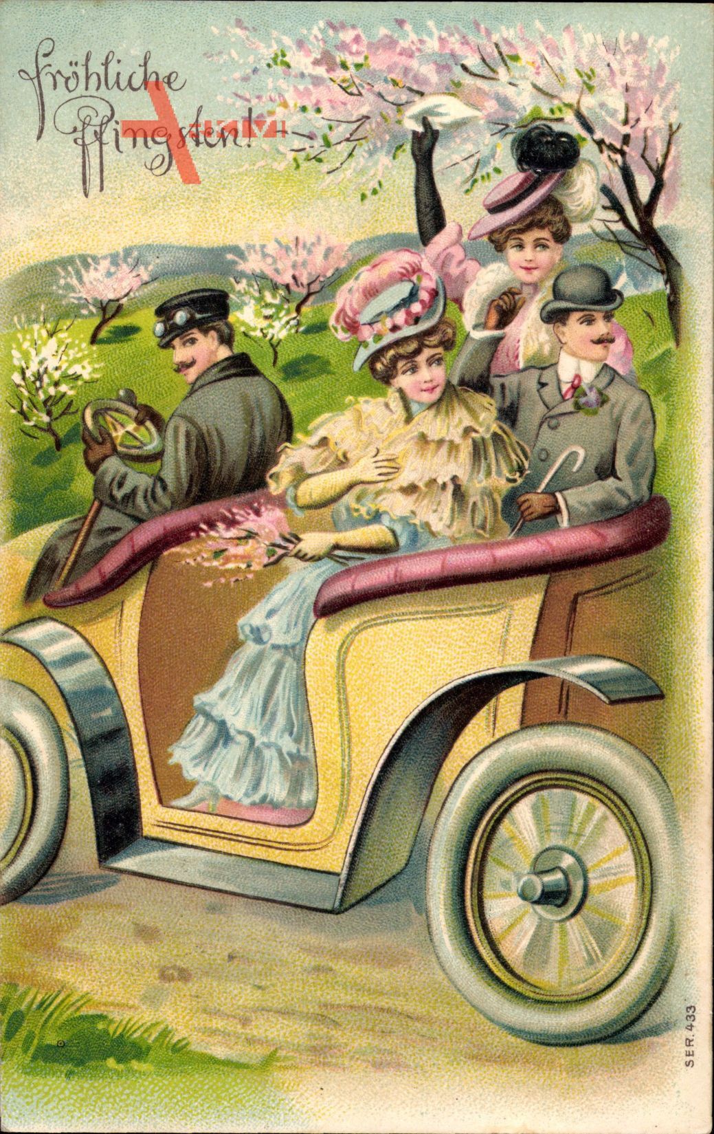 Glückwunsch Pfingsten, Baumblüte, zwei Männer und zwei Frauen im Auto