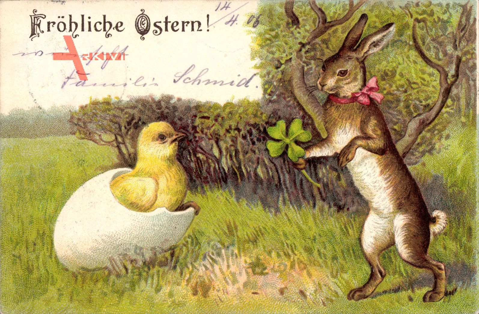 Glückwunsch Ostern, Küken schlüpft aus Ei, Osterhase mit Kleeblatt
