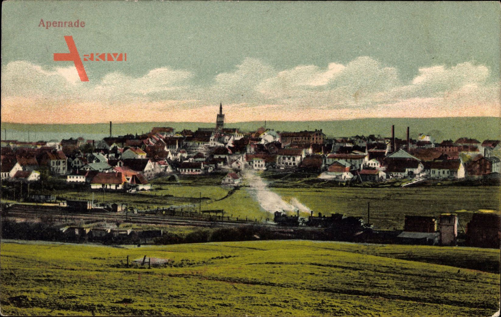 Apenrade Dänemark, Blick auf den Ort, Felder, Kirche, Dampflok