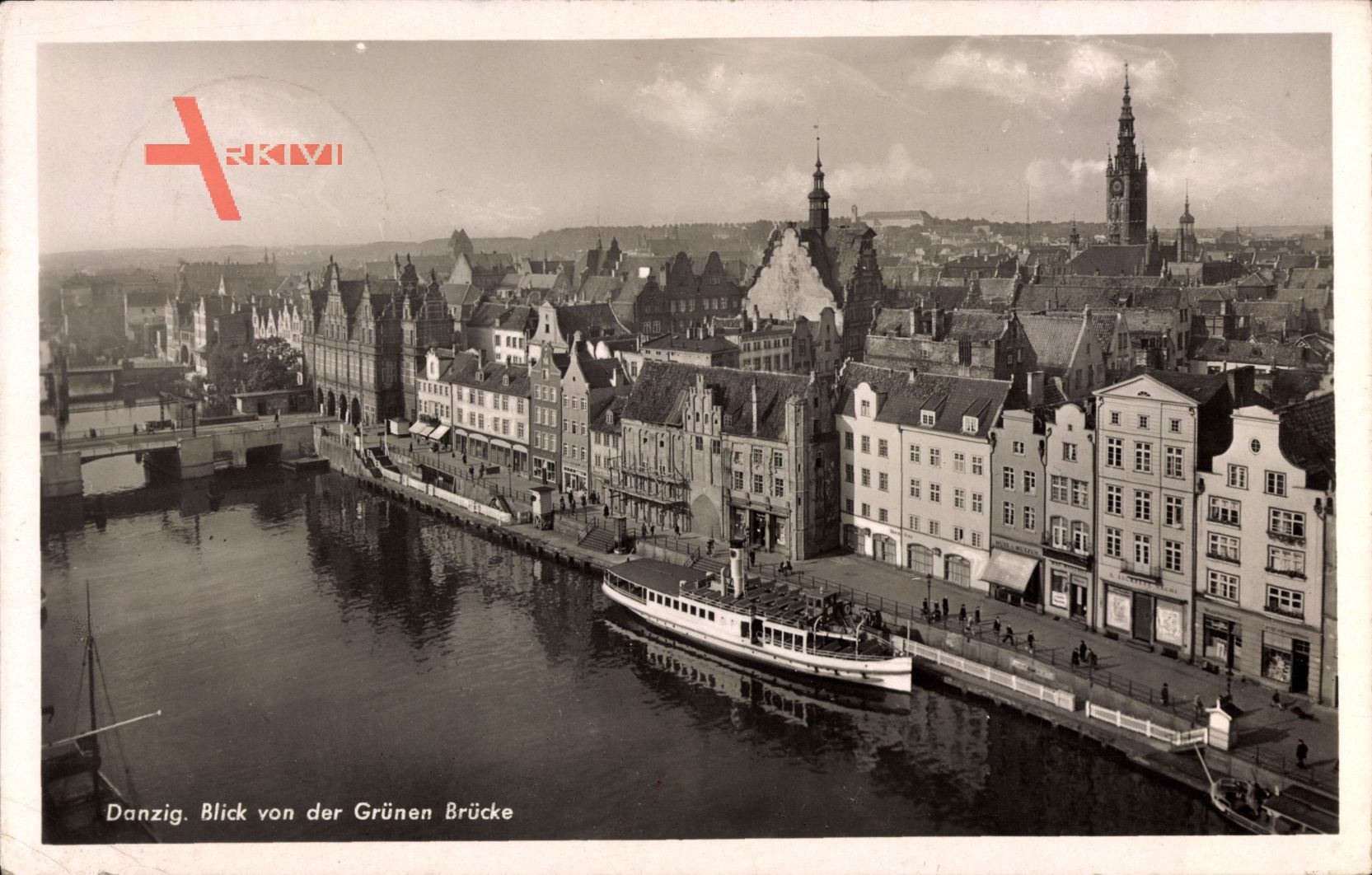 Gdańsk Danzig, Blick von der grünen Brücke, Dampfschiff, Kirchturm