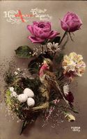 Glückwunsch Ostern, Vogelnest, Rosen, Kitsch, Heureses Paques
