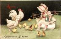 Glückwunsch Ostern, Küken, Mädchen sitzt auf einem Hühnerei