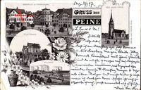 Peine, Marktplatz mit Kriegerdenkmal, Jacobikirche, Schützenhaus, Walzwerk