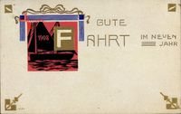 Glückwunsch Neujahr, Jahreszahl 1908, Segelboot, Jugendstil