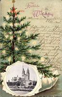 Magdeburg, Blick auf den Dom mit Partie der Elbe, Tannenbaum, Weihnachten