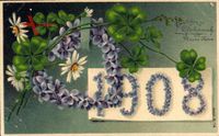Glückwunsch Neujahr, Jahreszahl 1908, Herz, Kleeblätter