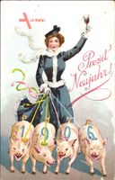 Glückwunsch Neujahr, Jahreszahl 1906, Schweine, Frau mit Glas