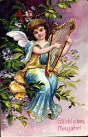 Glückwunsch Neujahr, Engel mit Harfe, Blumen