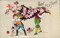 Glückwunsch Neujahr, Schwein, Huffeisen, Herz, Füllhorn mit Blumen