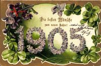 Glückwunsch Neujahr, Jahreszahl 1905, Kleeblätter, Blumen